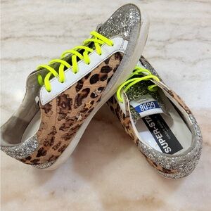 Golden Goose Superstar Leopard Horsy Upper Glitter Star and Heel Womens Sneaker